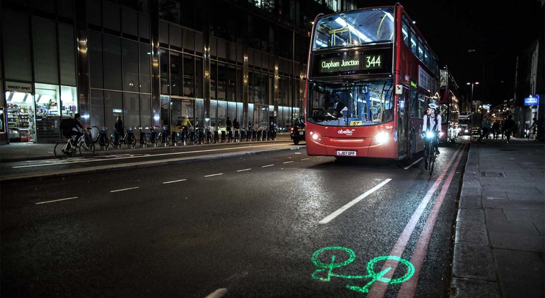 The Laserlight projects an image of a bicycle onto the road, warning traffic that a cyclist is coming