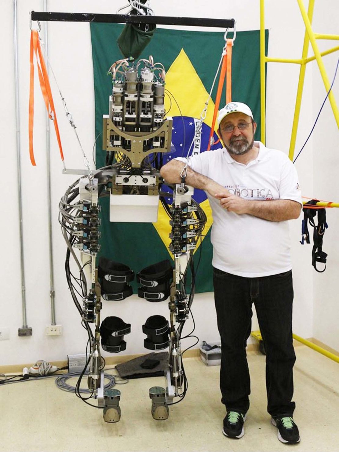 Neuroscientist Dr Miguel Nicolelis with his exoskeleton machinery