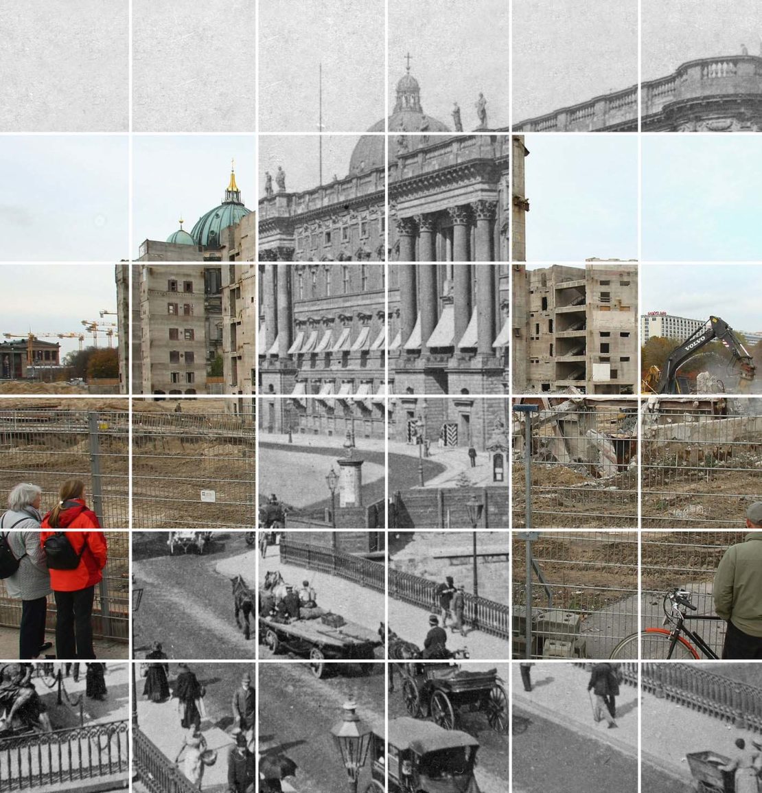 Photo montage of Berlin's 18th century City Palace in its original sombre grandeur, and the current building project recreating it on the same site 