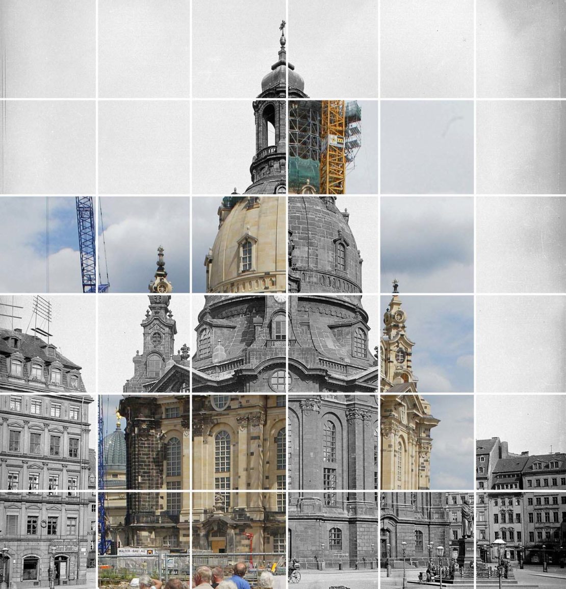Photo montage of Dresden's baroque Frauenkirche before it was destroyed in 1945 and after it was rebuilt in 2005