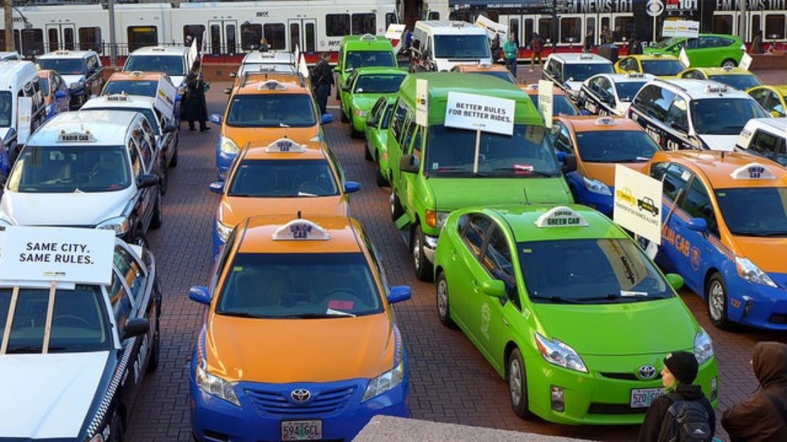 Taxi drivers protest against Uber in Portland in January 2015