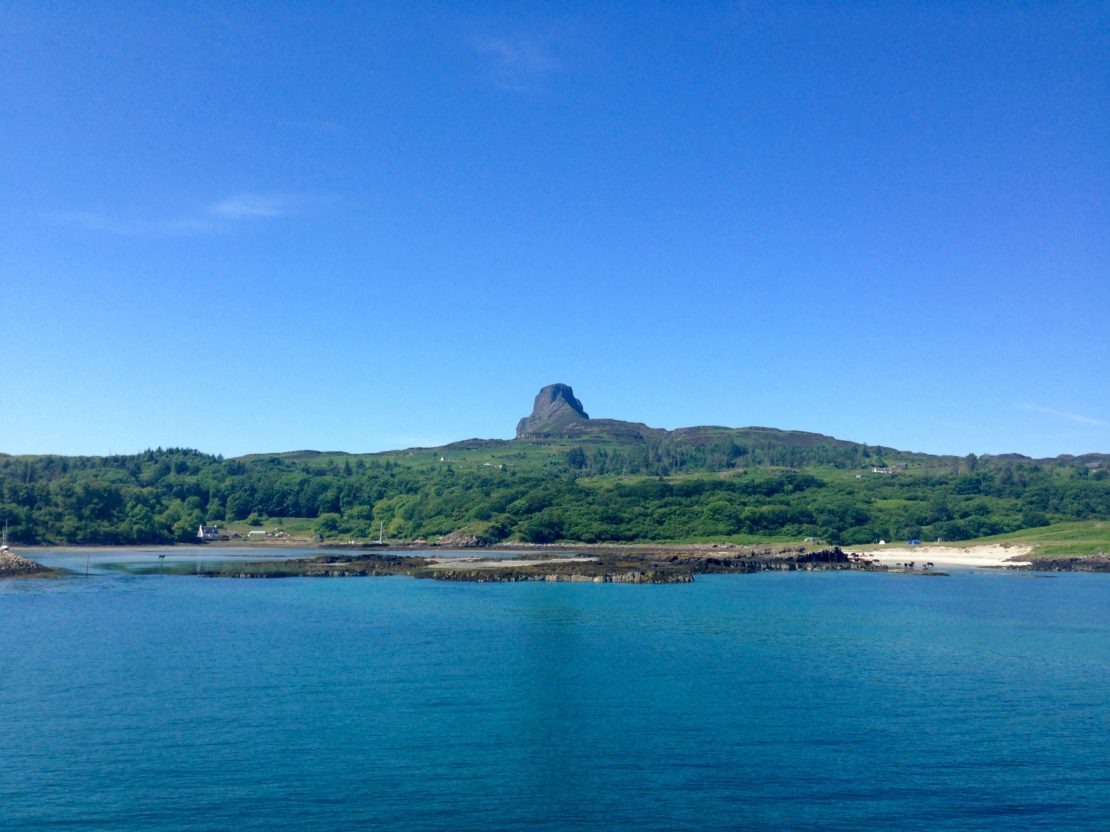 An Sgurr, the highest hill on the island, viewed from Galmisdale Bay