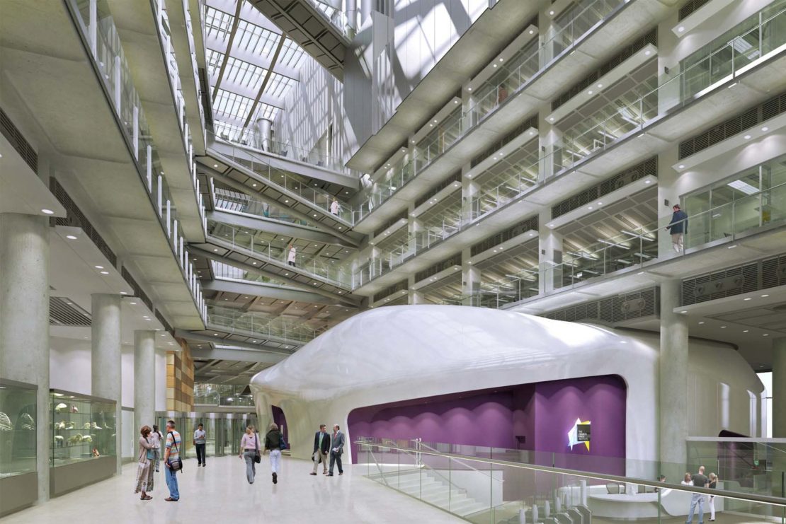 CGI image of the Francis Crick Institute's reception area